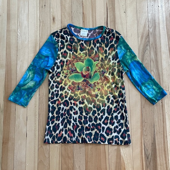 Y2K Luna. T Floral Animal Print Mesh Top - Made in USA - Sz S - Picture 2 of 11